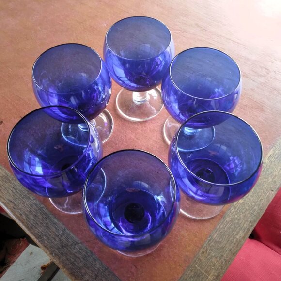 Set of 6 Vintage Crate & Barrel Cobalt Blue Thick Clear Stemmed "Deena" Wine Gla - Picture 10 of 11